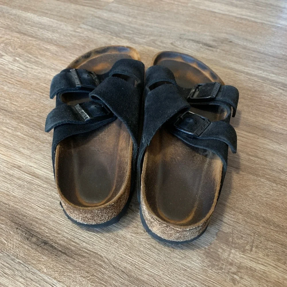 Birkenstock Arizona Suede Leather Sandals Black Two Strap Slides Mens 38 EU